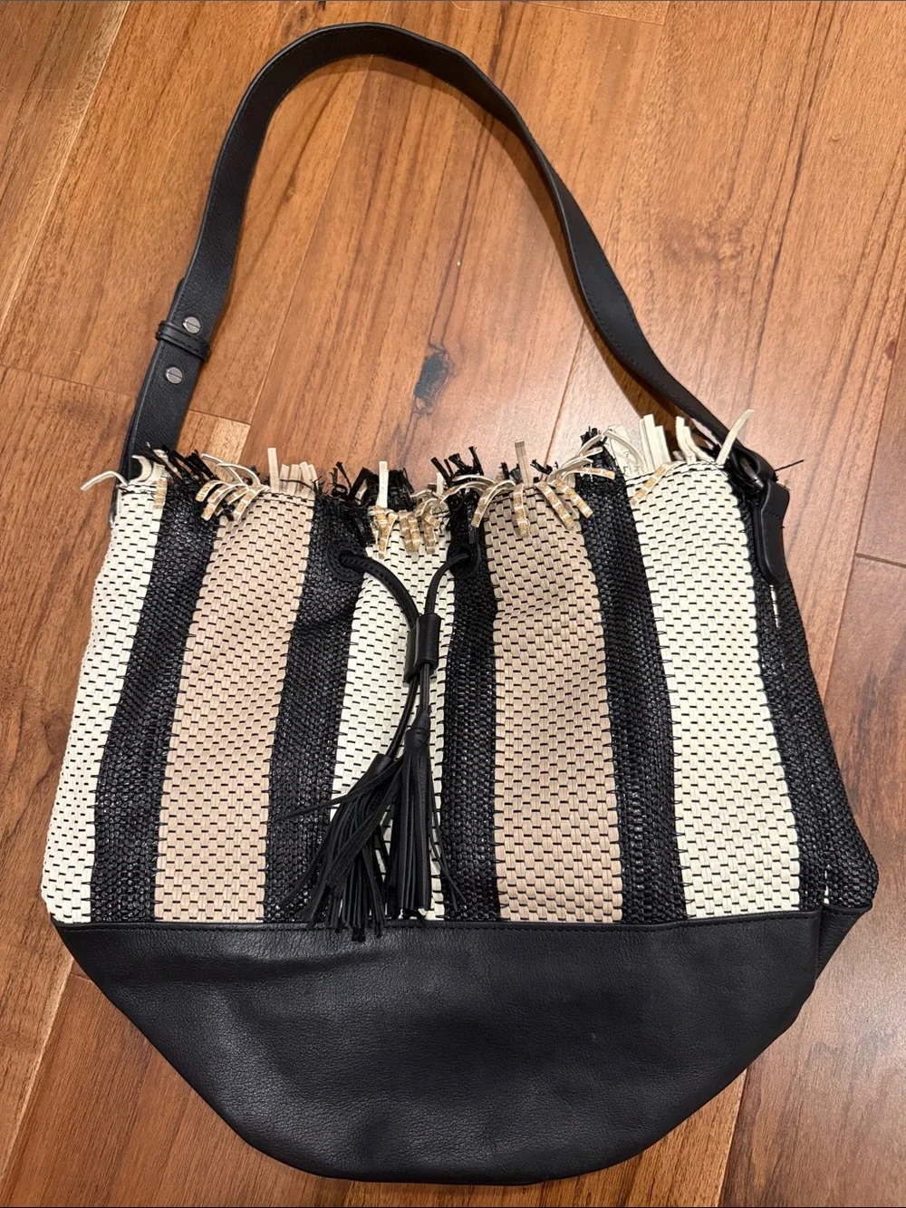 Woven Striped Bag with Black Leather Trim & tassel